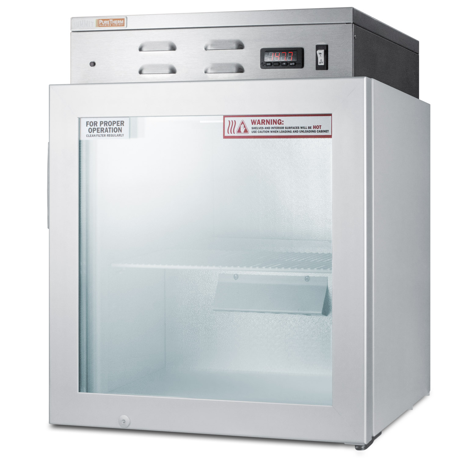 Single chamber compact warming cabinet with glass door, digital thermostat, and lock